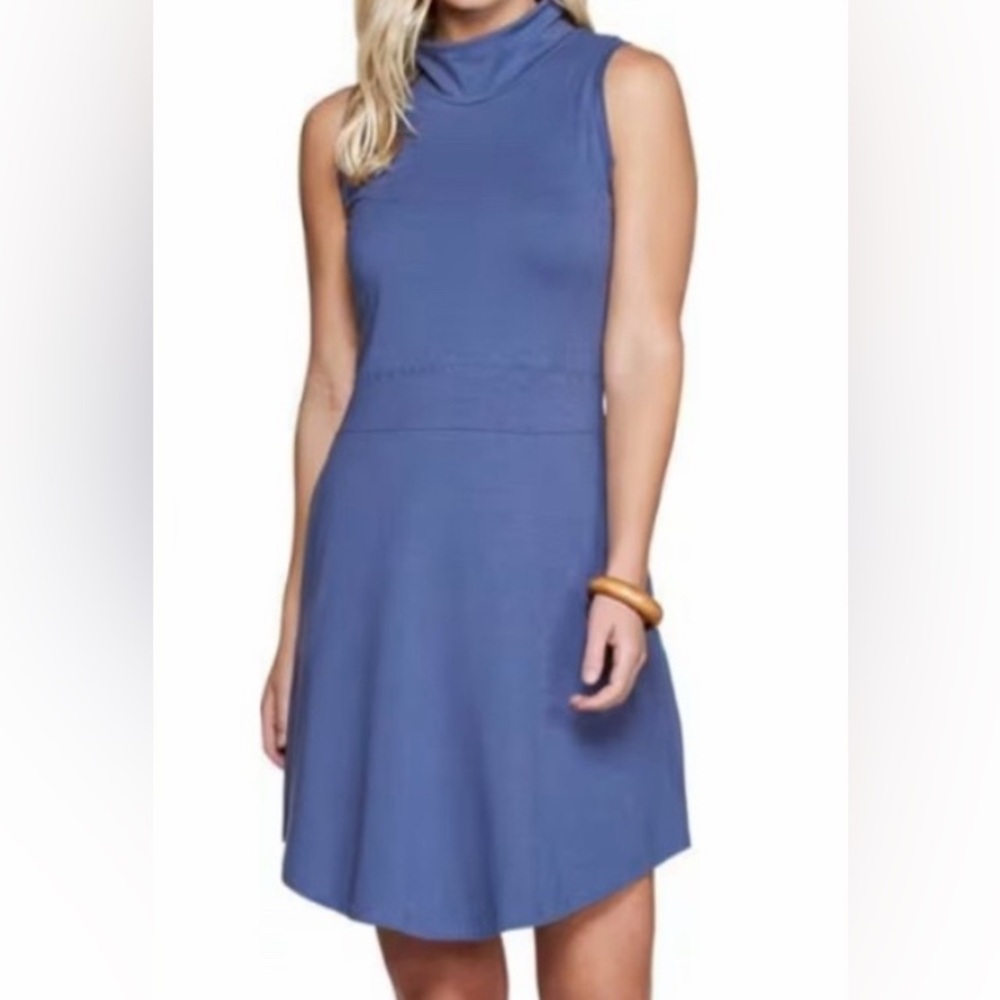 Toad&Co Summerdance Sleeveless Mock Neck Dress Organic Cotton Blue Women’s L